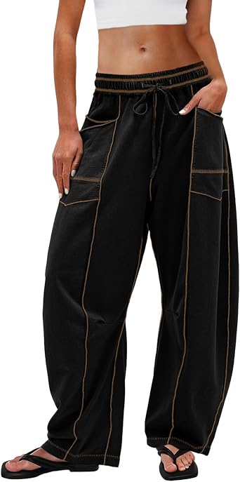 UNIANKIYA Womens Barrel Sweatpants Wide Leg Palazzo Pants Baggy Drawstring Summer Lounge Pants with Pockets Casual Trousers