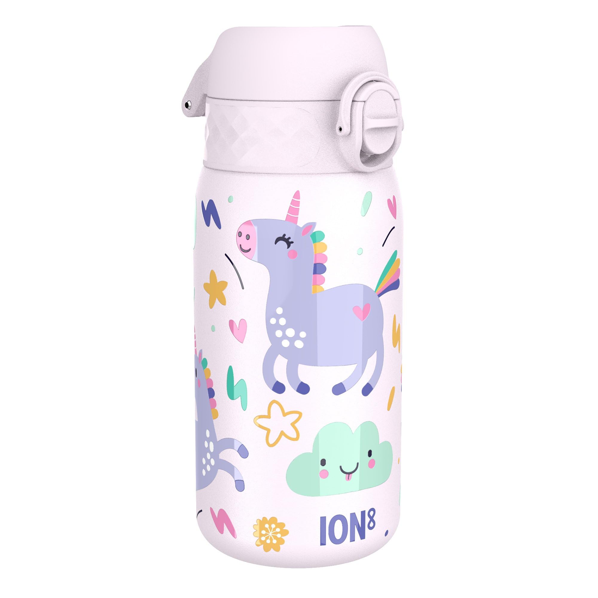 Ion8 Borraccia Termica in Acciaio Isolato, 320ml, a Prova di Perdite, Facile da Aprire, Serratura Sicura, Lavabile in Lavastoviglie, Maniglia per il Trasporto, Facile Pulizia, Unicorni Rosa