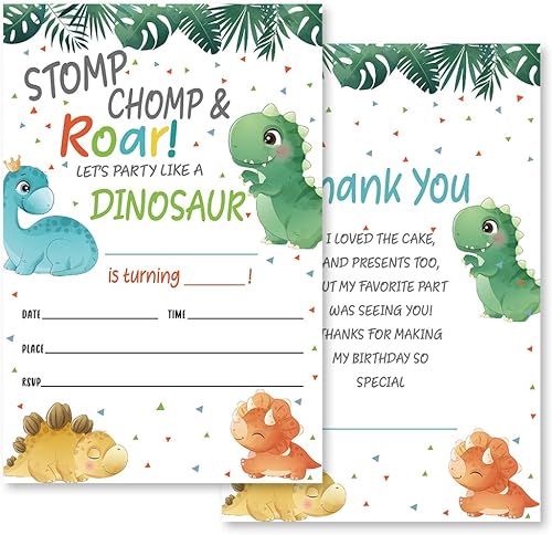 Grace Yonks Stomp Chomp&Roar Party Invitación de cumpleaños, 20 invitaciones y sobres para cualquier edad, invitaciones de fiesta de cumpleaños,