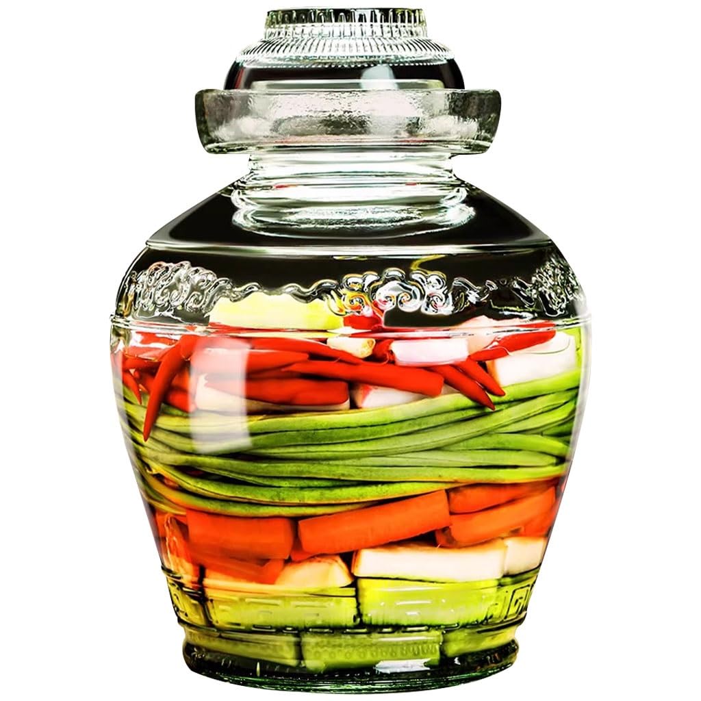 Auspicious Cloud Relief Pattern Pickle Jar, Traditional Fermentation Crock With Inner Cover, Thickened Glass Kimchi Tank, Egg/carrot/kohlrabi(7.5kg/264.6oz)