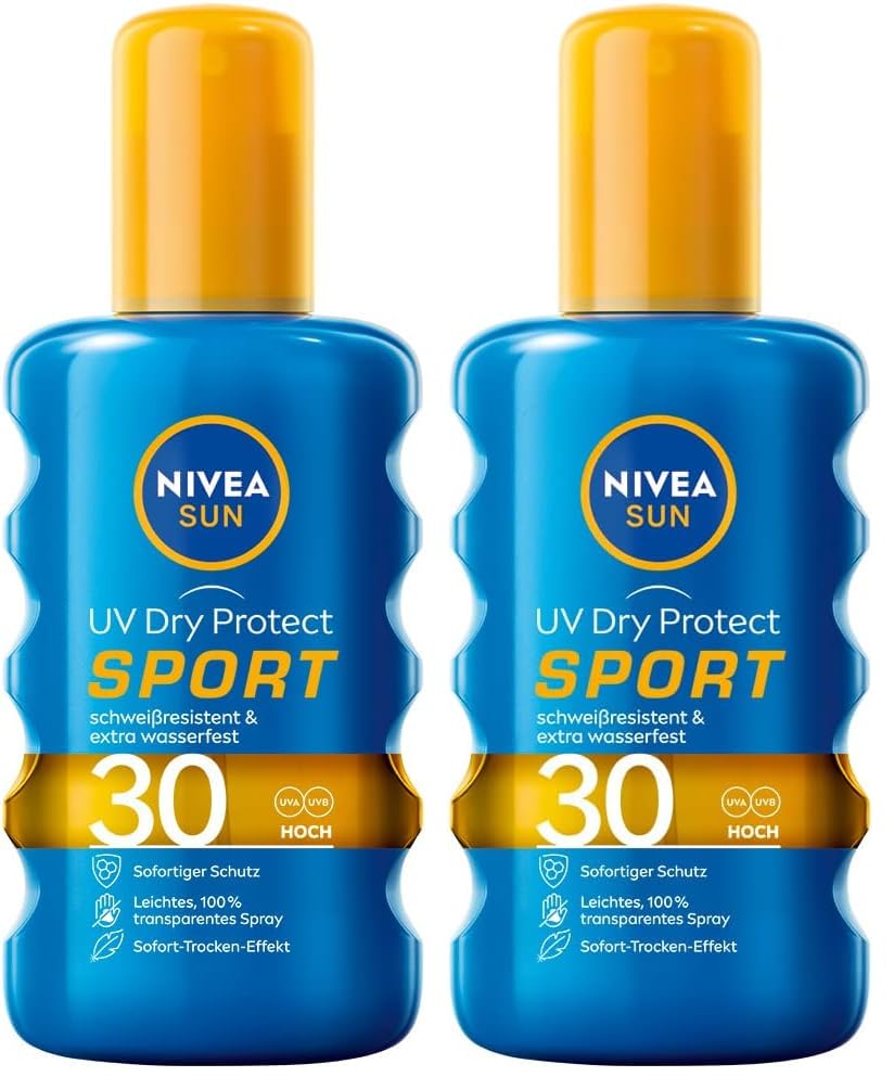 NIVEA SUN UV Dry Protect Sport Sonnenspray LSF 30 (200 ml), 100% transparenter Sonnenschutz speziell für Sportler, schweißresistente & extra wasserfeste Sonnencreme (Packung mit 2)