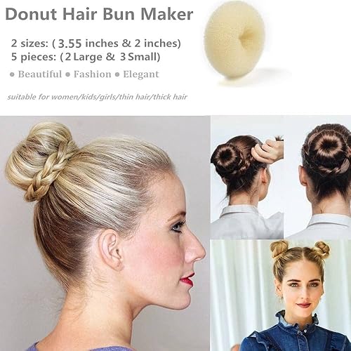 Miniatura 3 de Juego de 5 piezas para hacer moños en forma de dona, estilo anillo (beige, 2 grandes y 3 pequeños)