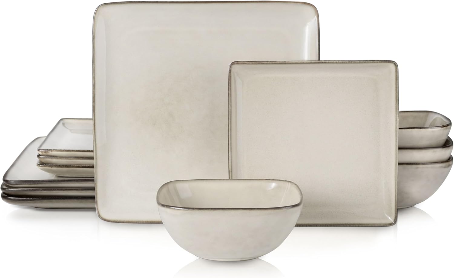 E-far Square Plates and Bowls Sets, 12-Piece Stoneware Dinnerware Sets for 4, Reactive Glaze Dish Set, Chip and Scratch Resistant, Microwave and Dishwasher Safe, Sandy Beige (Sandy Beige) Thumbnail
