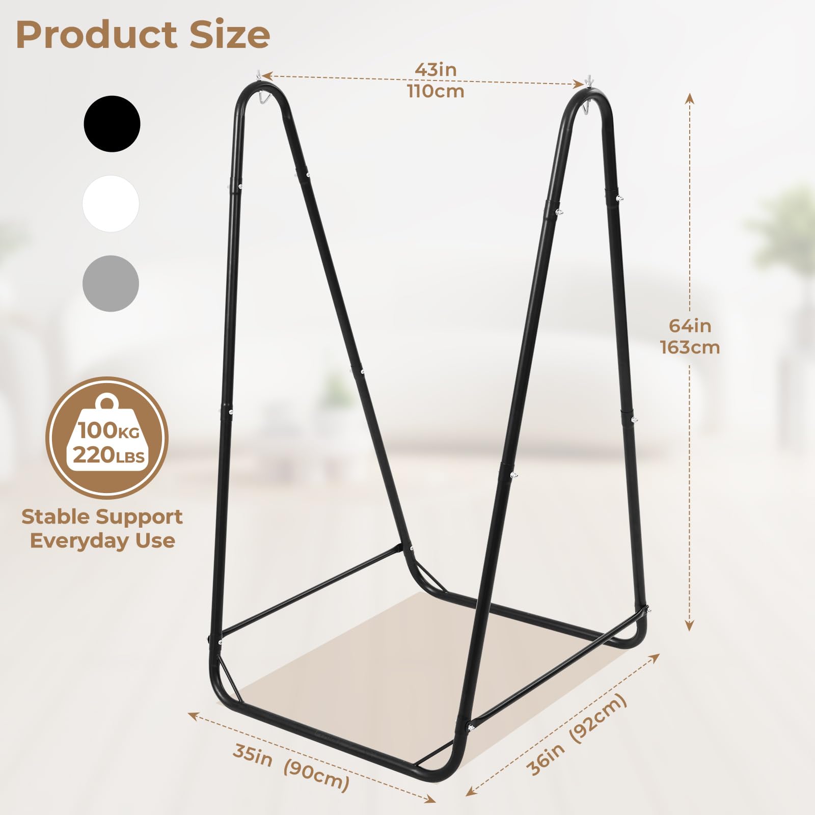Support de Chaise Suspendue en U pour Hamacs, Acier Robuste, Capacité 100 kg, Noir