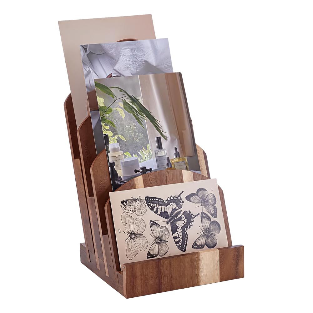 PH PandaHall 4-Tier Acacia Wood Brochure Holder Magazine Display Stand Flyer Organizer Rack Postcard Display Holder Literature Stand for Booklets Menu Pamphlet Greeting Card Organizer, 15x15.5x23cm