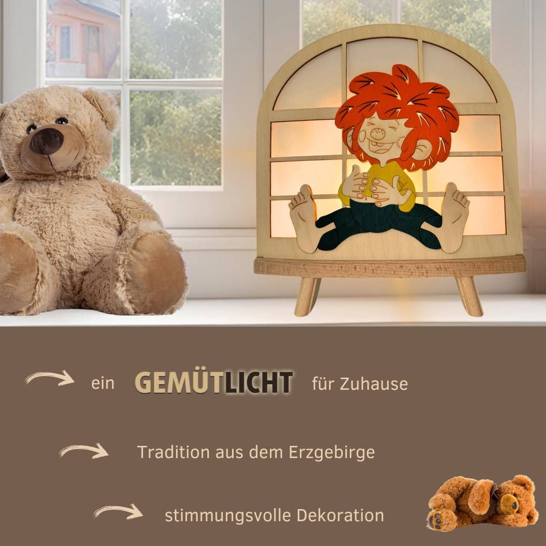 weigla - Dekoleuchte original Erzgebirge I Motiv Pumuckl I 1 LED Lampe I 0,8 W, E14 I Weihnachtsdeko innen I Weihnachtsbeleuchtung aus Holz I Fensterdeko I Ganzjahresbeleuchtung