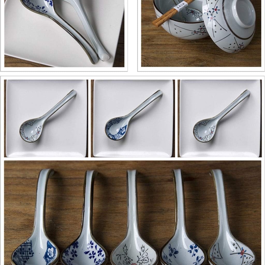 Tablespoons Ceramic Soup Spoons Set, Chinese Japanese Porcelain Ramen Spoon, Hand Painted Flower Glazed Asian Tableware, Large Appetizer Serving Soup Spoons Serving Spoon (6 Pack)
