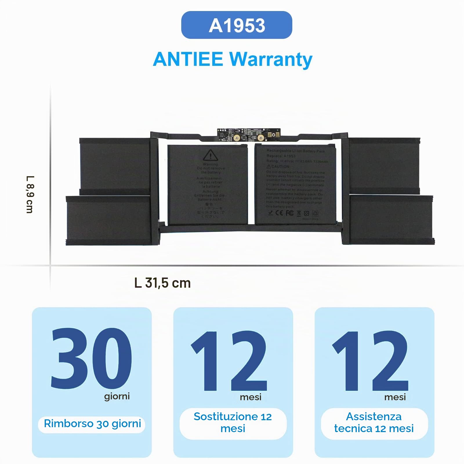 ANTIEE 11.4V 83.6Wh A1953 Laptop Batteria per MacBook Pro 15" A1990 Mid 2018 2019 Version EMC 3215 3359 BTO CTO Touch Bar MV902LL/A MV912LL/A MV922LL/A MV932LL/A MV942LL/A MV952LL/A