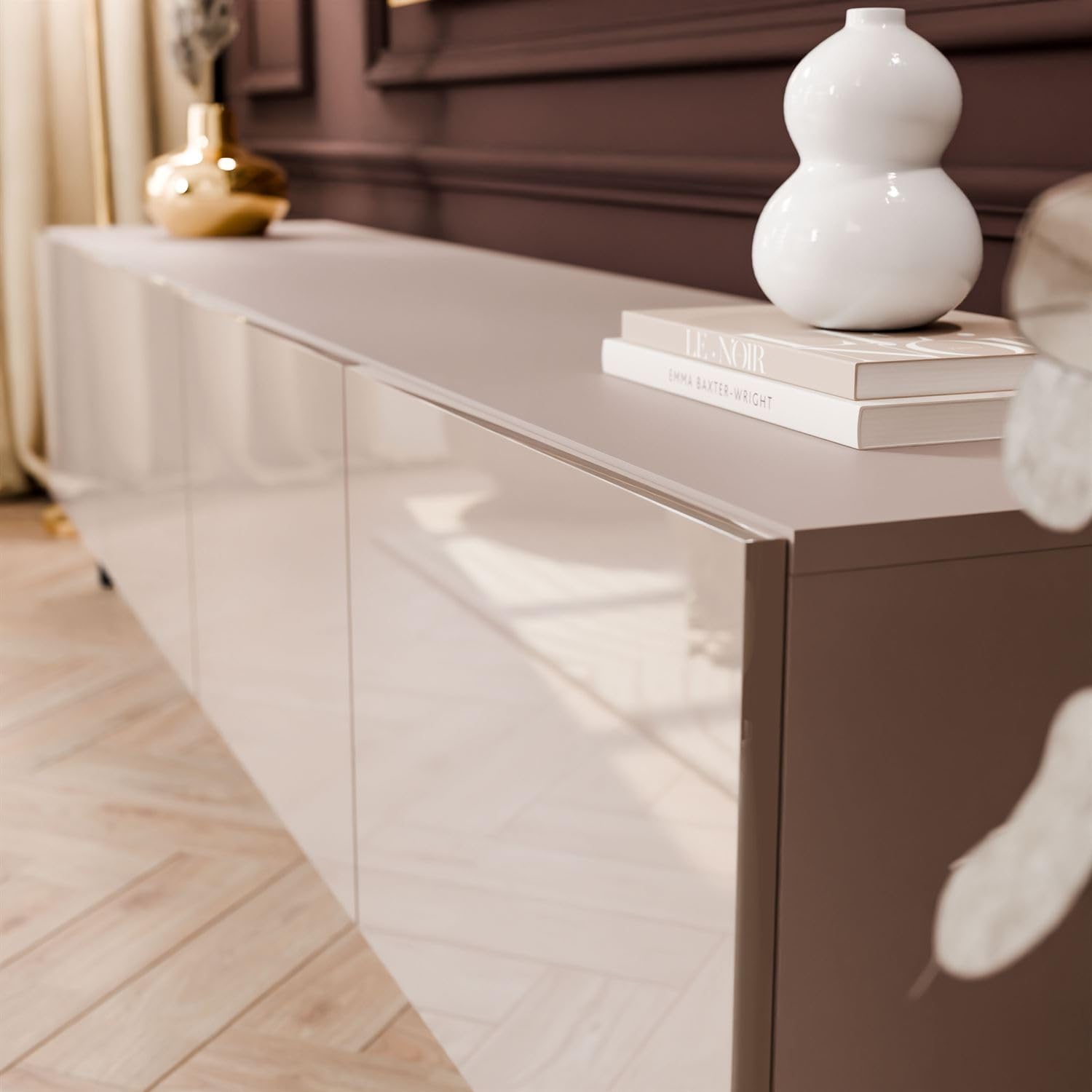 Lookway Moderner wandhängender TV-Schrank in Kaschmir Hochglanz, optional mit LED-Beleuchtung auf schrägen Onyx-Beinen – COLGANTE 200 cm (mit LED Beleuchtung, Beine: Schwarz)