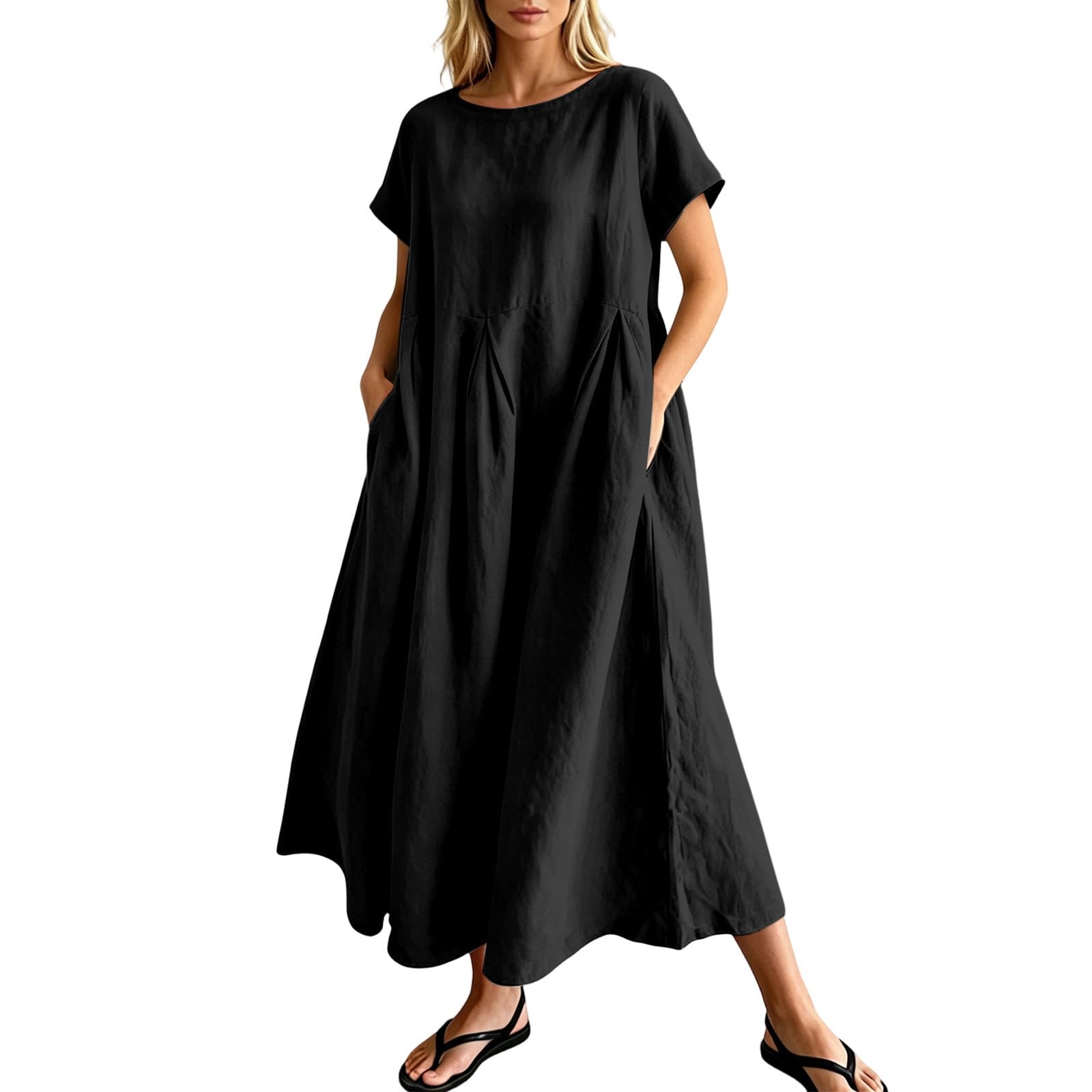 Vestido de verano para mujer, manga corta, cuello redondo, ligero, de algodón, lino, vestido de playa, línea A, vestido largo para primavera y verano