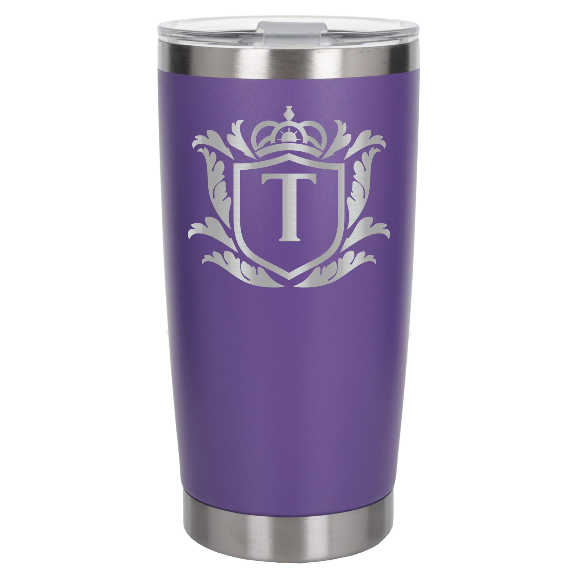Customised Gifts 500ml Engraved Shield Initial Monogram Insulated Personalised Purple Travel Mug for Men and Women - Personalised Initial Coffee Travel Mug for Hot and Cold Beverages, Letter T