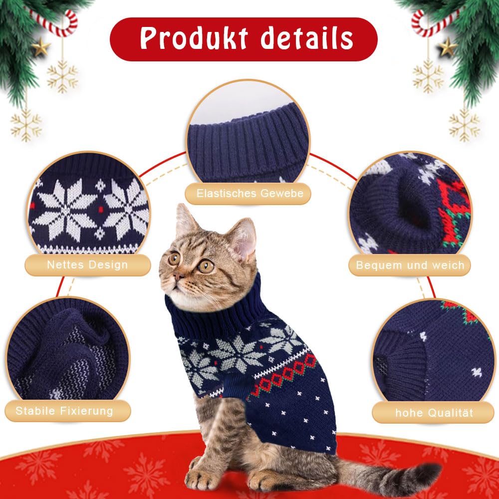 LATRAT Pack of 2 Christmas Cat Dog Jumpers, Snowflakes, Reindeer Motif, Knitwear, Winter Pet Clothes, Warm Pet Sweaters for Kittens and Small Dogs, Elk and Fawn, Deep Blue, L - Image 4