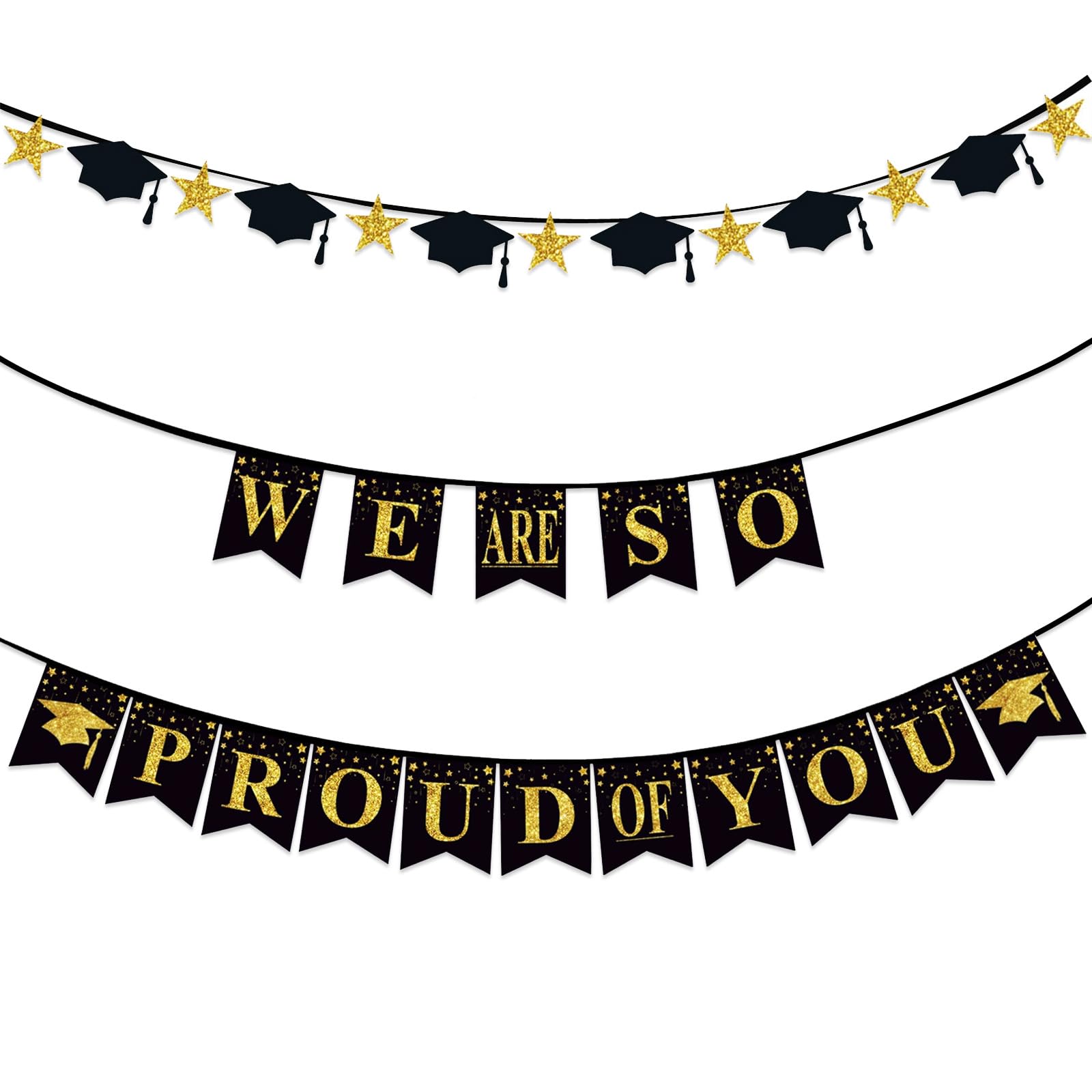 Graduation Banners Class Of 2026 Party Decorations, Black Gold Glitter We Are So Proud Of You Graduation Cap Banners Garland For Congratulation Graduations Party Supplies, School, Home