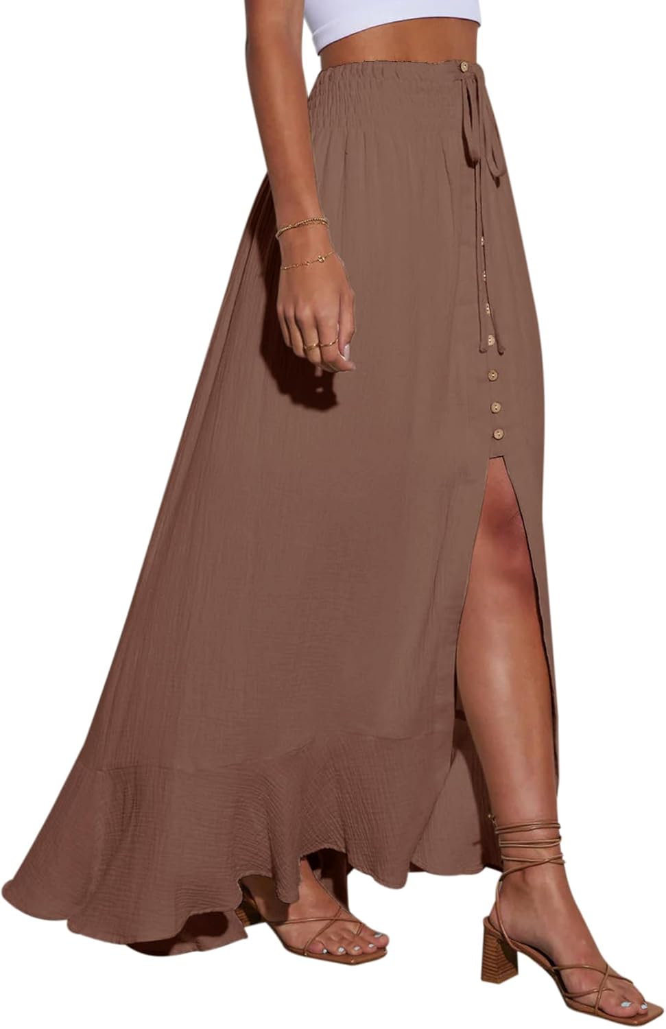 Minclouse Women's Elastic Tie Waist Button Down Maxi Skirts Casual Loose Flowy Swing Slit Front Dress - Image 2