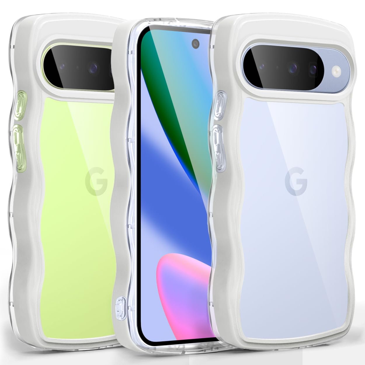 Google Pixel 10/Pixel 10 Pro ケース クリア ウェーブ おしゃれ かわいい ピクセル 10/10 Pro 用 スマホケース 人気 滑り止め 薄型 軽量 耐衝撃 ストラップホール付き シリコン 透明（ホワイト）