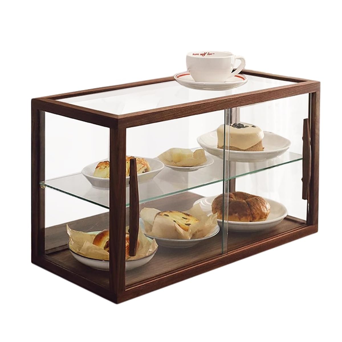 Vetrina per panetteria, espositore per pasticceria in vetro trasparente con doppia scaffalatura, stoccaggio commerciale per prodotti da forno e oggetti da collezione, design a 2 vassoi