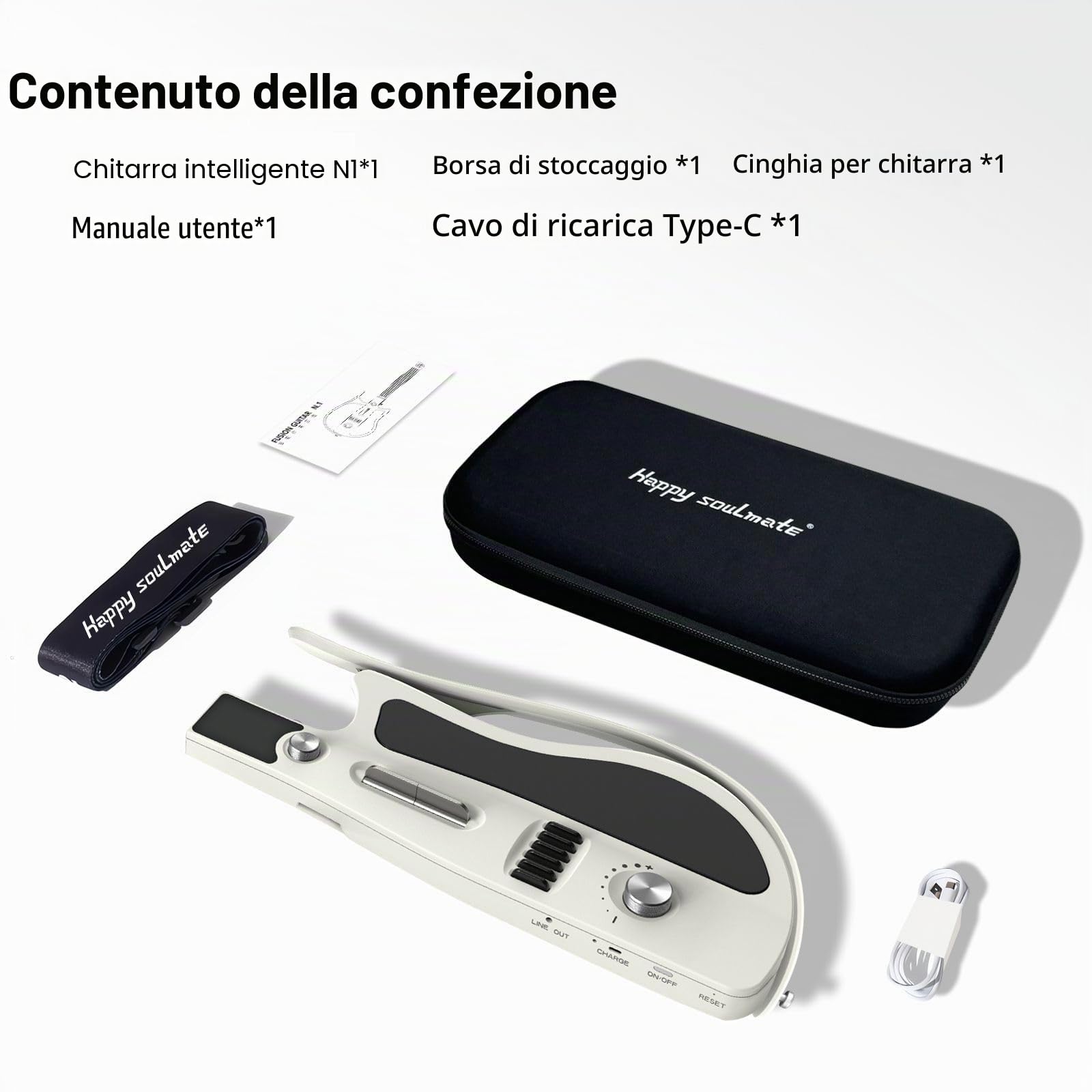 Chitarra intelligente senza corda, portatile e pieghevole con controllo app, generatore di accordi, batteria integrata e altoparlante, 100 toni sonori per principianti e bande,