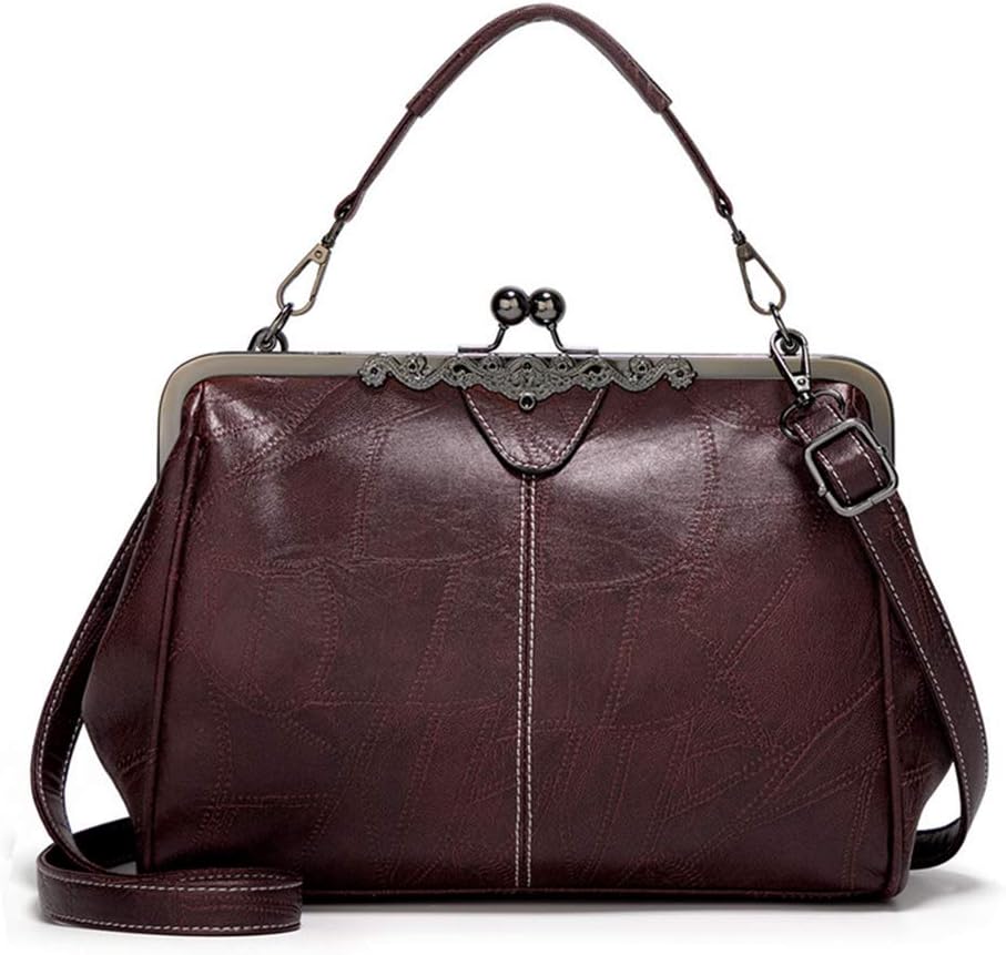 Women Retro Hollow Oil Wax PU Leather Handbag Kiss Lock Crossbody Purse Vintage Messenger Bag Tote