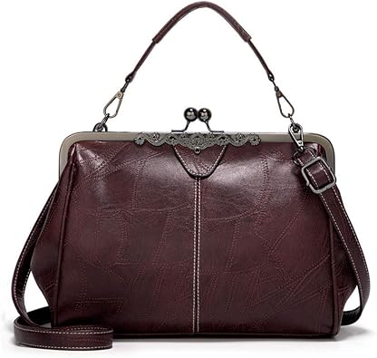 Segater Women Retro Hollow Oil Wax PU Leather Handbag Kiss Lock Crossbody Purse Vintage Messenger Bag Tote