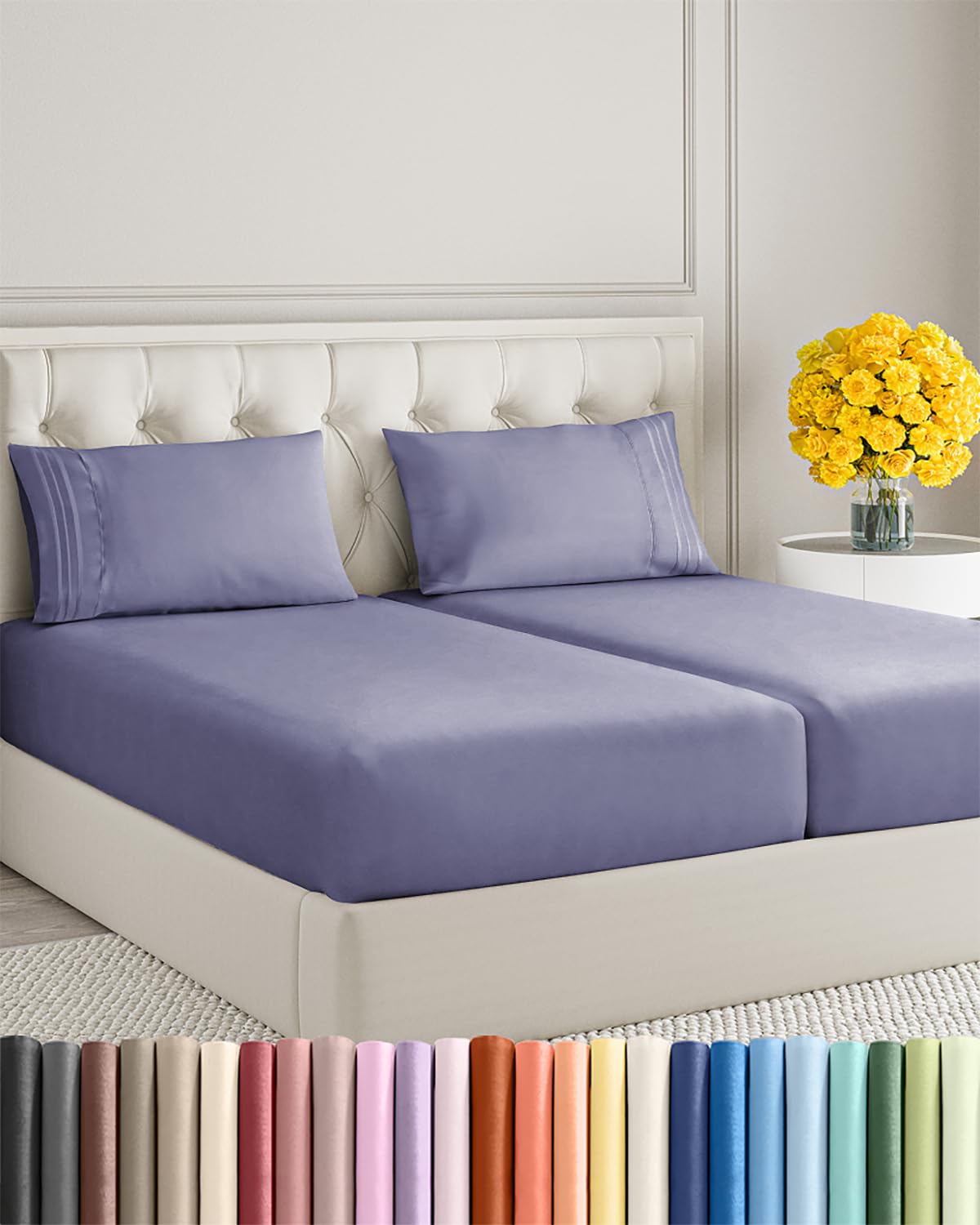 Split King Sheets Set, 5 Pieces 16" Deep Pocket Hotel Luxury, French Violet
