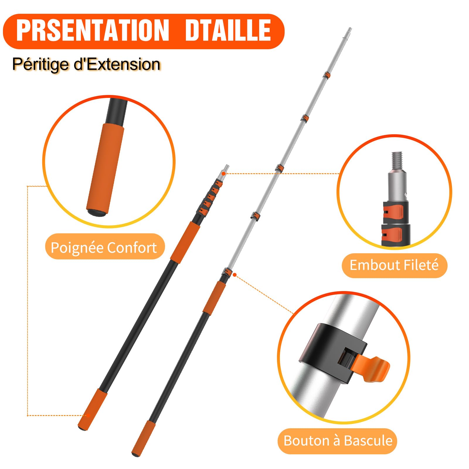 LAANPOLE Perche Telescopique, Perche Telescopique Nettoyage Panneaux Solaires en Aluminium 1-7,2m, Manche Telescopique pour Peinture, Dépoussiérage et Nettoyage