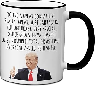 Ransalex Funny Trump Godfather Coffee Mug President Donald Trump Themed Gag Gift for Godparent Novelty Cup (11oz, black handle/rim)