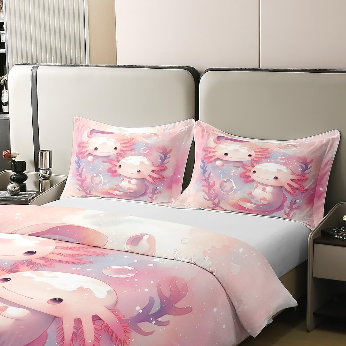 Homemissing Axolotl Baumwolle Bettwäsche Set 135x200cm Nette Bettbezug Set für Jungen Mädchen Kawaii Ozean Sealife Betten Set Light Pink