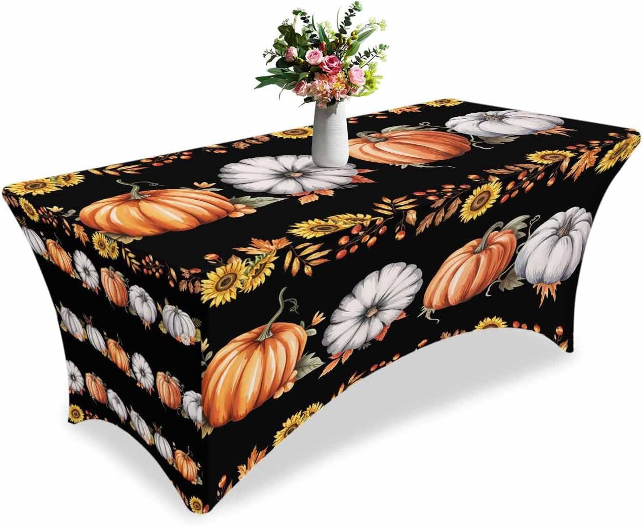 Spandex Tablecloth for 6ft Rectangle Tables,Fall Farm Pumpkin Fitted Stretch Table Cover Wrinkle Free Table Cloths for Party Wedding Banquet,Thanksgiving Maple Leaf Sunflower on Black