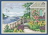 【Coastal Cottage Garden Cross Stitch Kit】 Bring the charm of a sunlit coastal cottage to your home with this detailed cross stitch pattern! A cozy stone cottage nestled in vibrant blooms,Breezy seaside details: glistening waters, sailboats, seagulls ...
