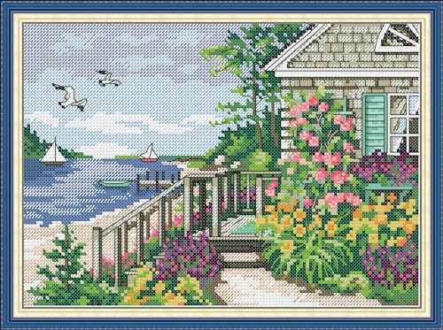 Image of CROSSDECOR Cross Stitch Kits for Adults,Stamped Cross Stitch Kits,DIY Needlepoint Kits for Beginners Counted Embroidery Craft Supplies for Home Decor,Cottage by the Water 11.8x8.2in