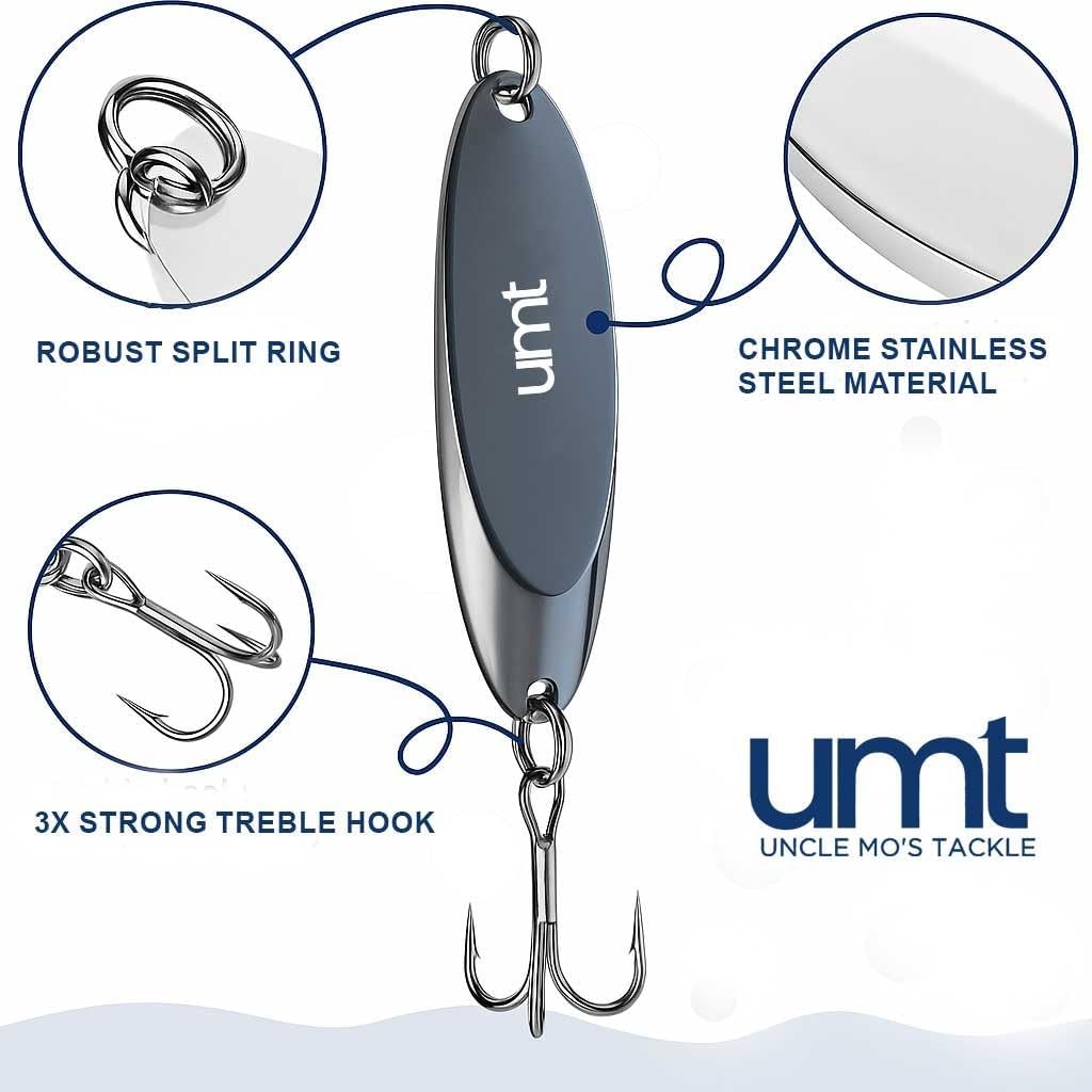 UMT Chrome Fishing Spoon Lure 3/4oz,1oz, 2oz – Super Sharp 3/0 Treble Hook for Freshwater & Saltwater Bluefish, Trout, Steelhead 1, 5, 10 Pack Options