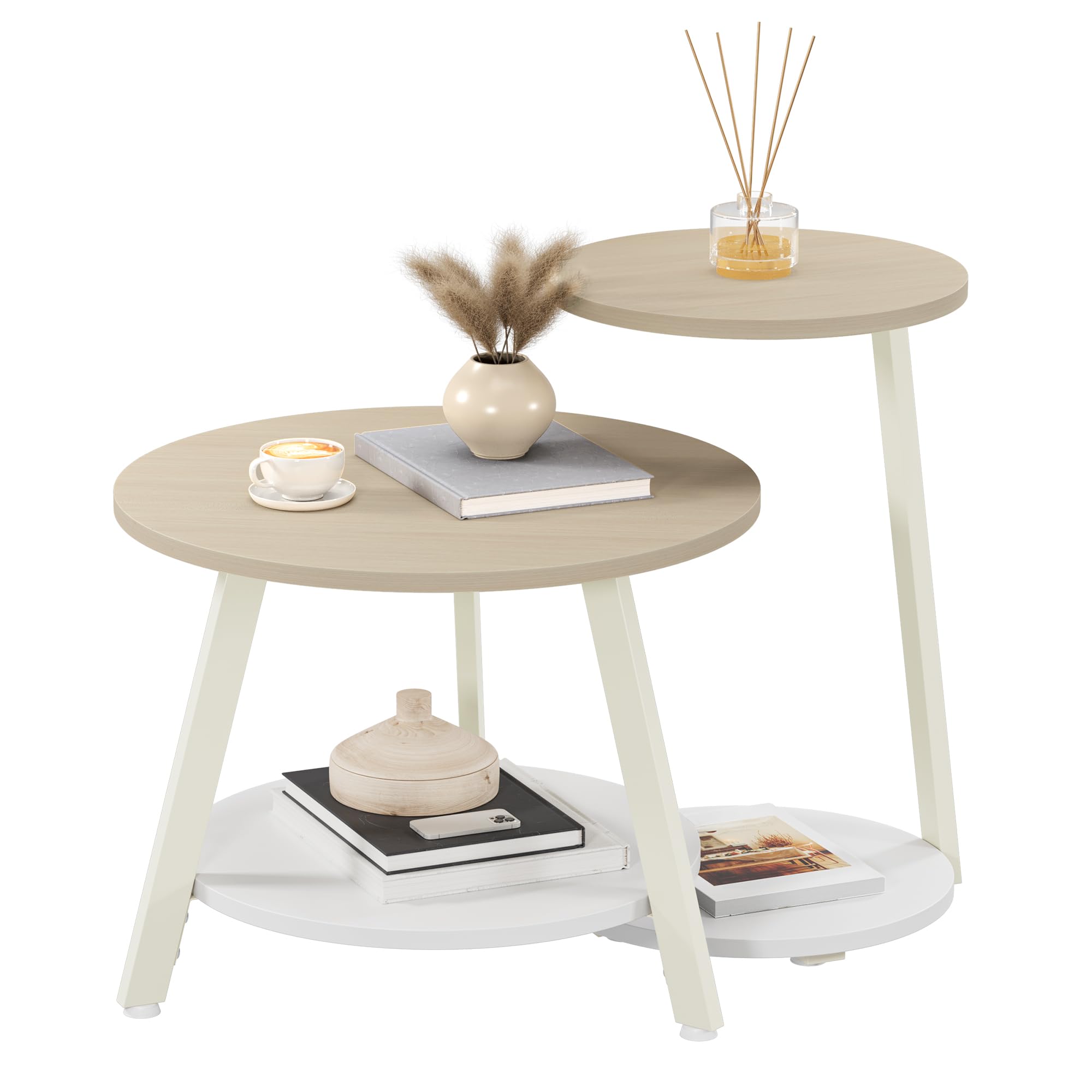 YITAHOME Set di 2 Tavolini da Salotto, Tavolini Gigognes con Tavolino Ausiliario a Forma di C, Tavolino da Divano con Spazio Contenitore per Soggiorno, Camera da Letto, Quercia Bianca