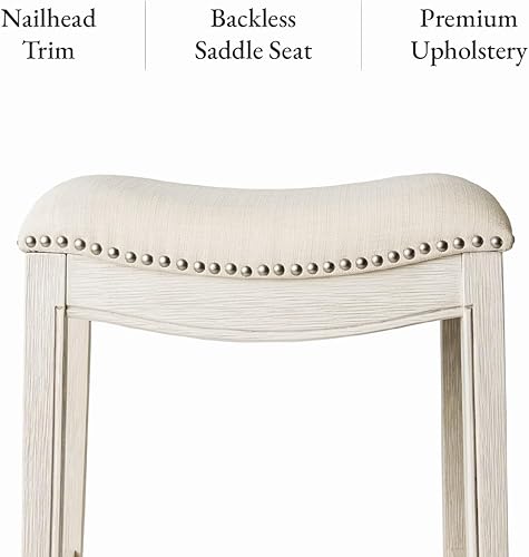 Miniatura 4 de Maven Lane Adrien Taburete de bar sin espalda, asiento de silla de montar de 31 pulgadas con reposapiés, marco de madera maciza color crema y