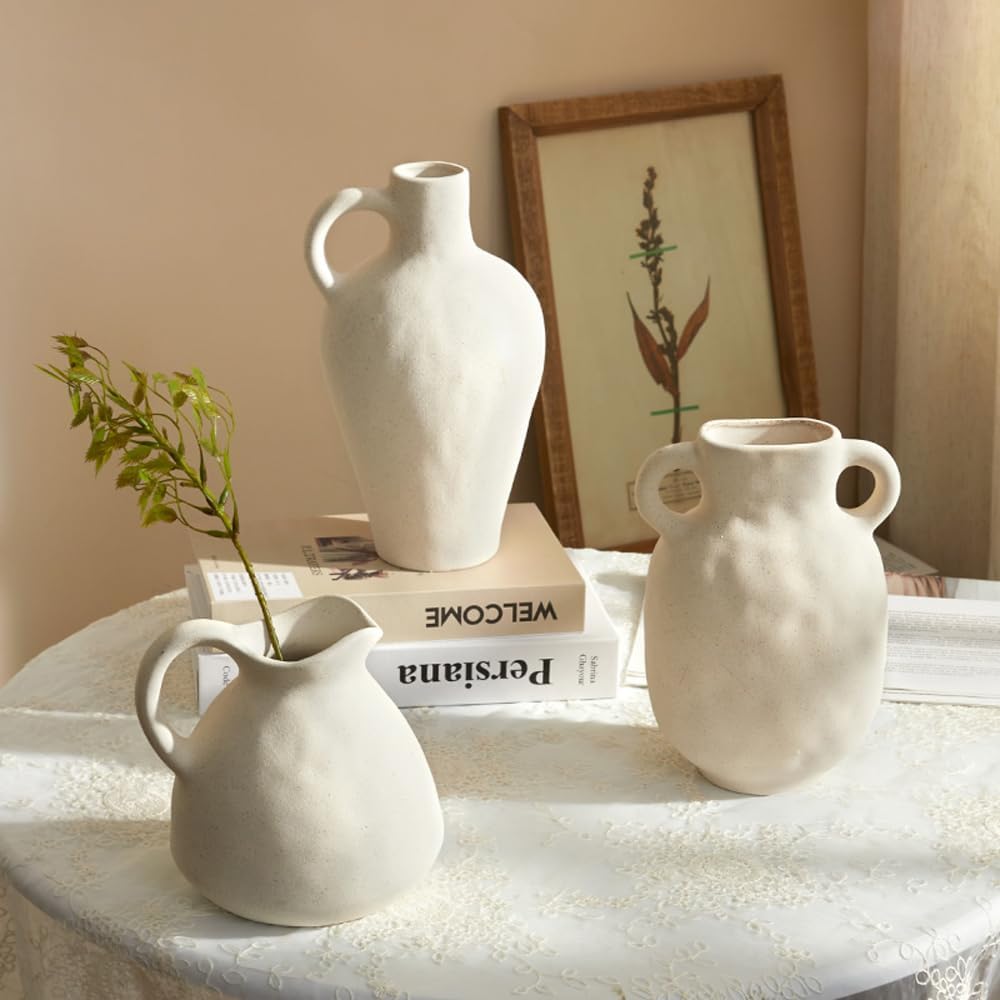 Rustic Ceramic Pitcher Vase with Handle, Antique Farmhouse Matte Textured Plain Neutral Unfinished Rough Clay Jug Pottery Vases for Home Decor…
