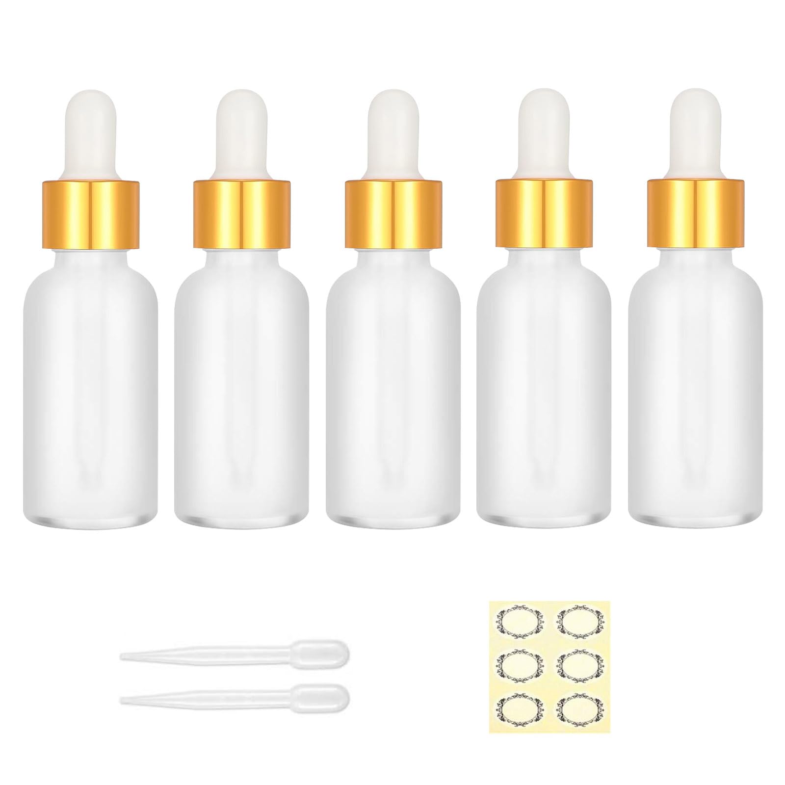Apstaqeoo 5Pcs 30ML Frosted Clear Glass Dropper Bottles with Pipette, Empty Sample Dropper Bottle Refillable Tincture Bottles with Gold Cap, Label, Dropper for Perfume Essential Oils Aromatherapy