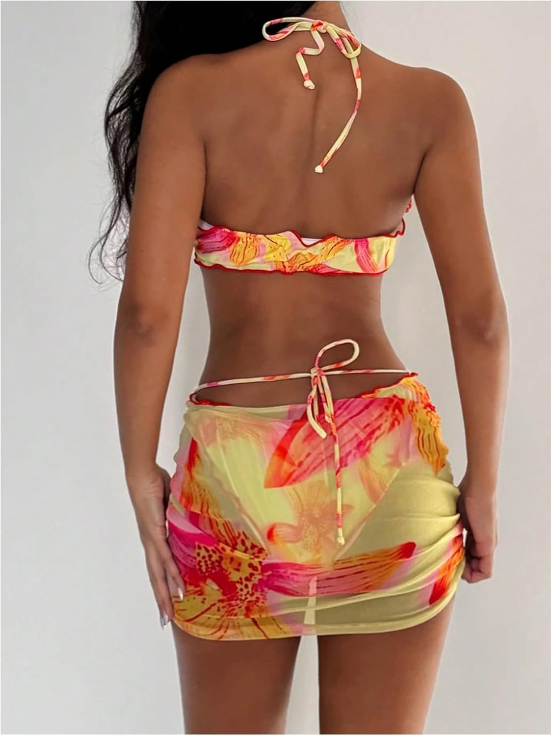 SOLY HUX Women's 3 Piece Swimsuit Floral Halter Bikini Set Beach Vacation Bathing Suit with Drawstring Cover Up Skirt - Image 2