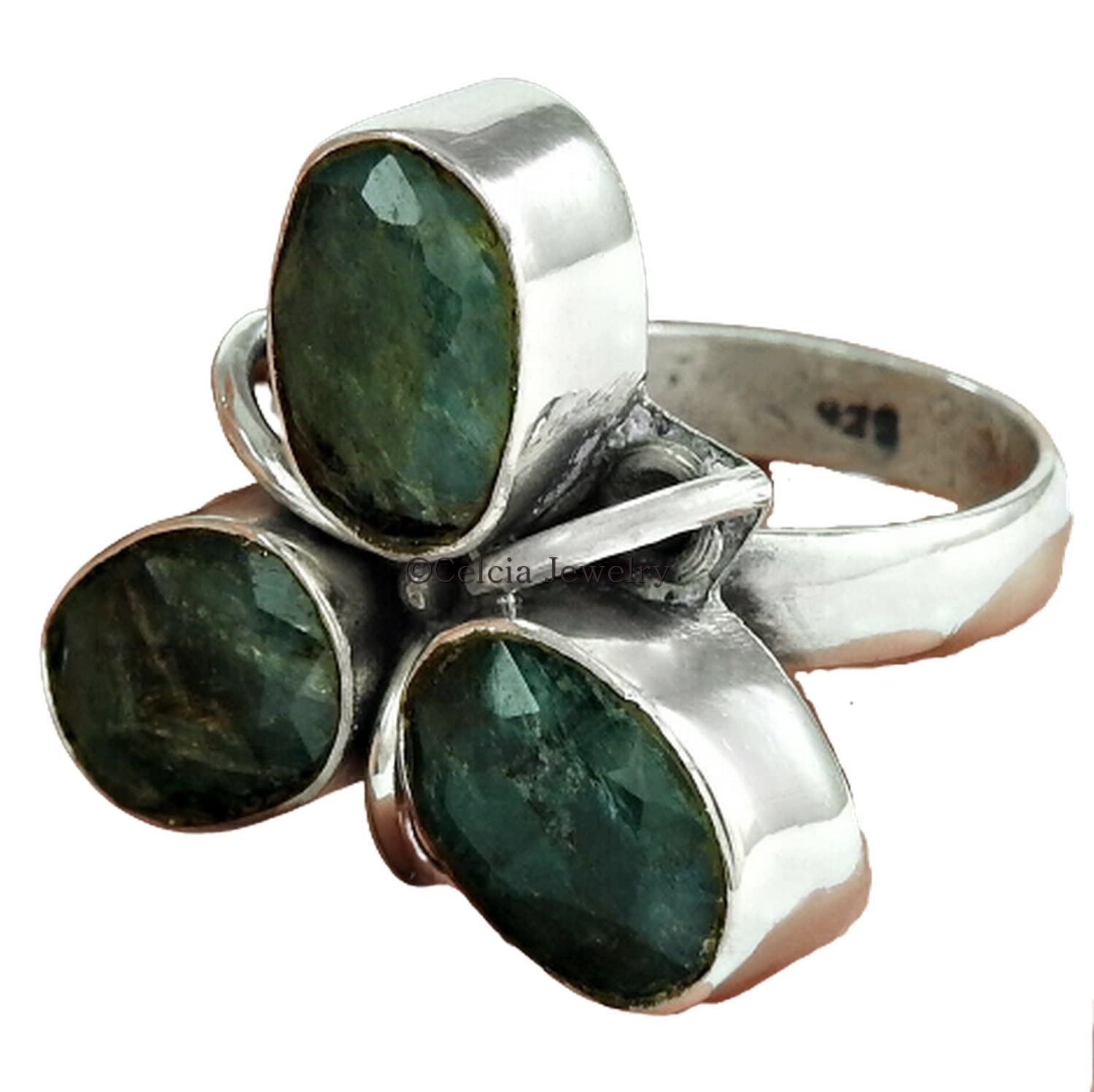 Smaragd-Heiledelstein-Ring, reines 925er Sterlingsilber, grüner Stein, ovaler Ring, Statement-Ring, 3-Stein-Ring, stapelbarer Ring, Mai-Geburtsstein, Valentinstagsgeschenk für sie (Smaragd)