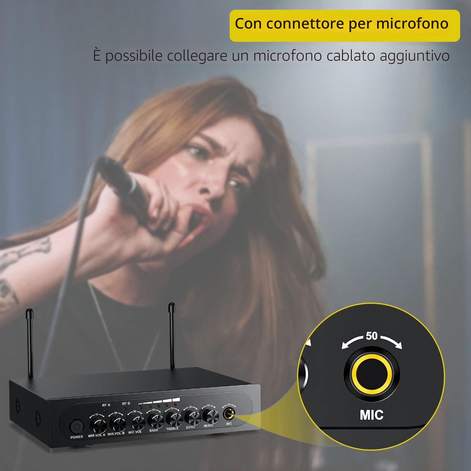 PROZOR Microfono Senza Fili Bluetooth 4.2 Microfono Karaoke Wireless UHF Sistema Microfonico Portatile Professionale Bluetooth Treble Echo Bass con Cavo Audio 6,35 mm/RCA per Matrimoni Feste DJ Chiese