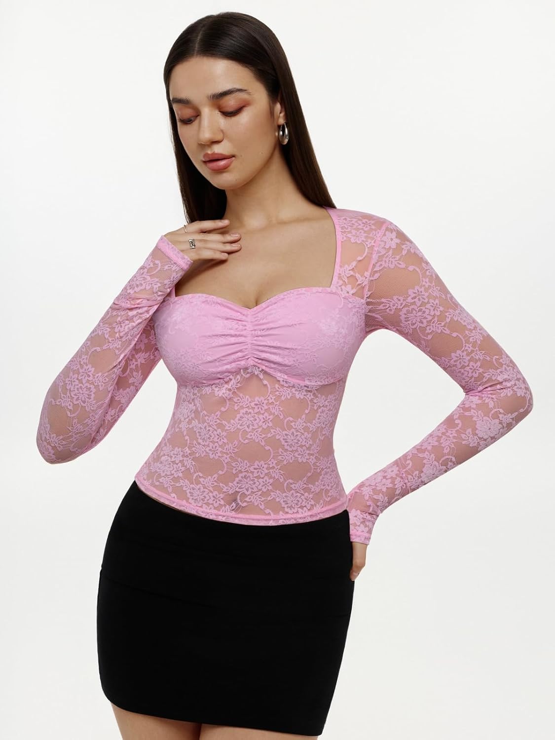 REORIA Womens Sexy Sheer Mesh Tops Floral Lace Long Sleeve Shirts Low Cut Slim Fitted Outfits See Through Going Out Blouses - Image 2