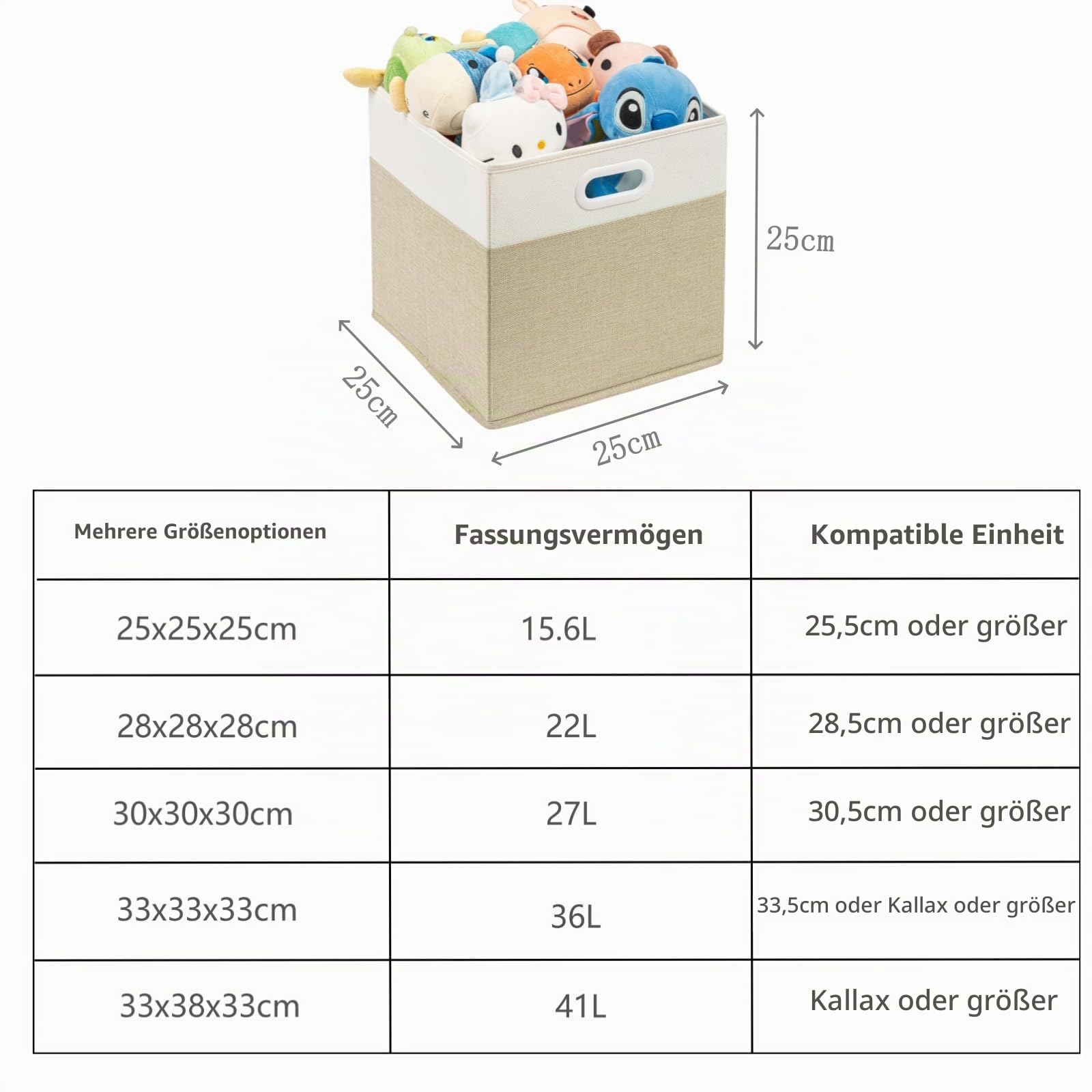 Aufbewahrungsboxen,25x25x25cm 6er Set Korb Stoff-Aufbewahrungskörbe Zusammenklappbar für Babyzimmer Schrank & Spielzeug(Helles Khaki/Weiß)