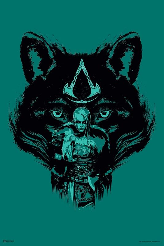 Assassins Creed Poster Valhalla Merchandise Wolf Companion Female Video Game Cover Video Gaming Gamer Collectibles Viking Eivor Varinsdottir Gift Room Cool Wall Art Print Poster 12x18