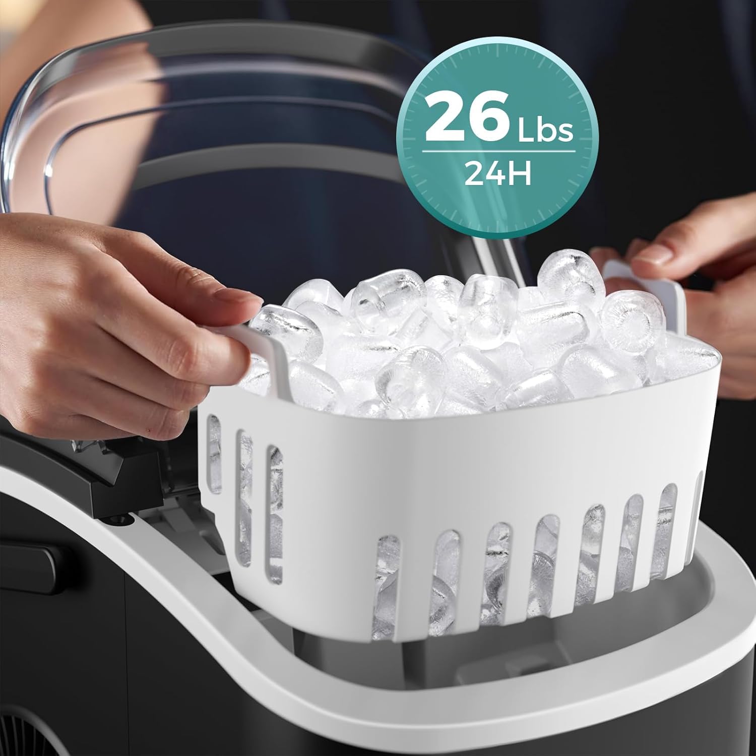 Crzoe Ice Makers Countertop With Carry Handle,26lbs/Day,9 Cubes Ready In 6 Mins,2 Sizes Of Bullet Ice,Self-Cleaning Function,Ideal For Home(Black) on Fridge.com - View 3