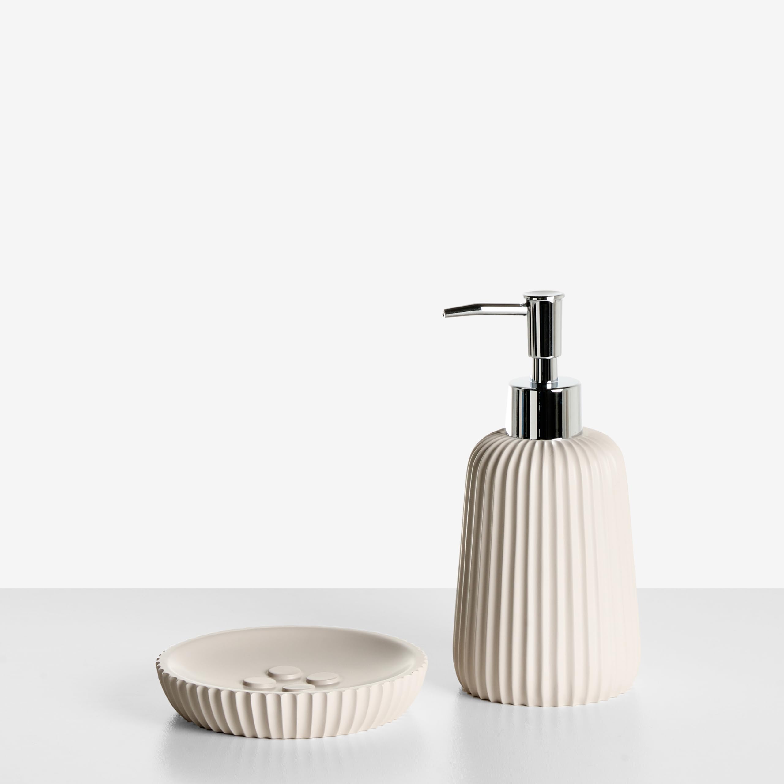 Conjunto de 5 Accesorios de baño jabonera dispensador de jabón escobilla de Inodoro Vaso Soporte para cepillos de Dientes Beige Pozuzo