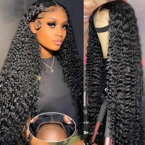 MOONBAY Wear and Go Glueless Wigs Human Hair Pre Plucked Pre Cut 28 Inch Deep Wave 5x5 HD Lace Closure Wigs Human Hair 200 Density with Baby Hair Deep Curly Wig for Black Women
