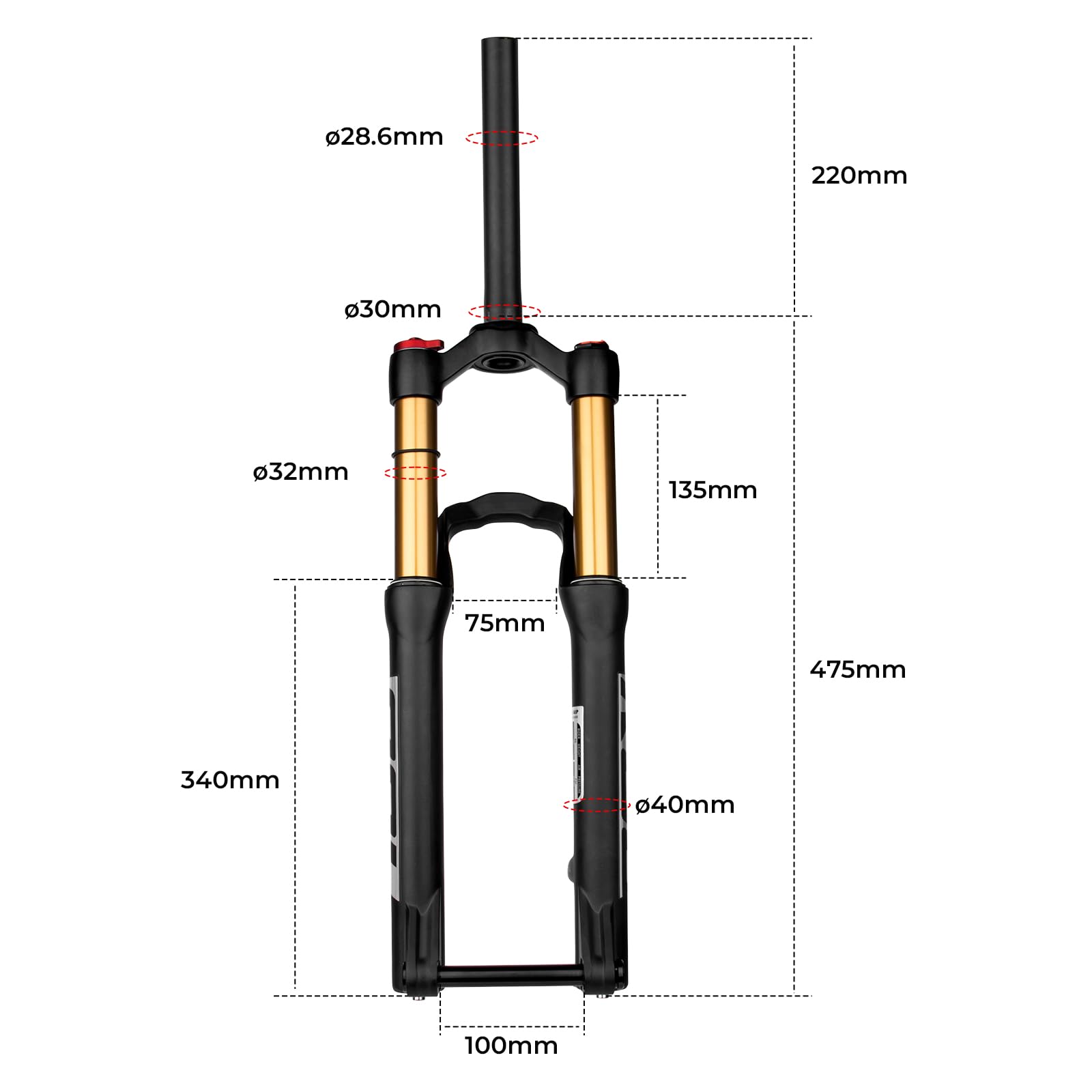 BOLANY 20/24 Zoll Fahrrad-Federungsluftgabel 28,6 mm (1-1/8 Zoll) * 220 mm Gewindelose Gerade-Gabelschaft 9 mm MTB-Vorderradgabel 100/135 mm Federweg