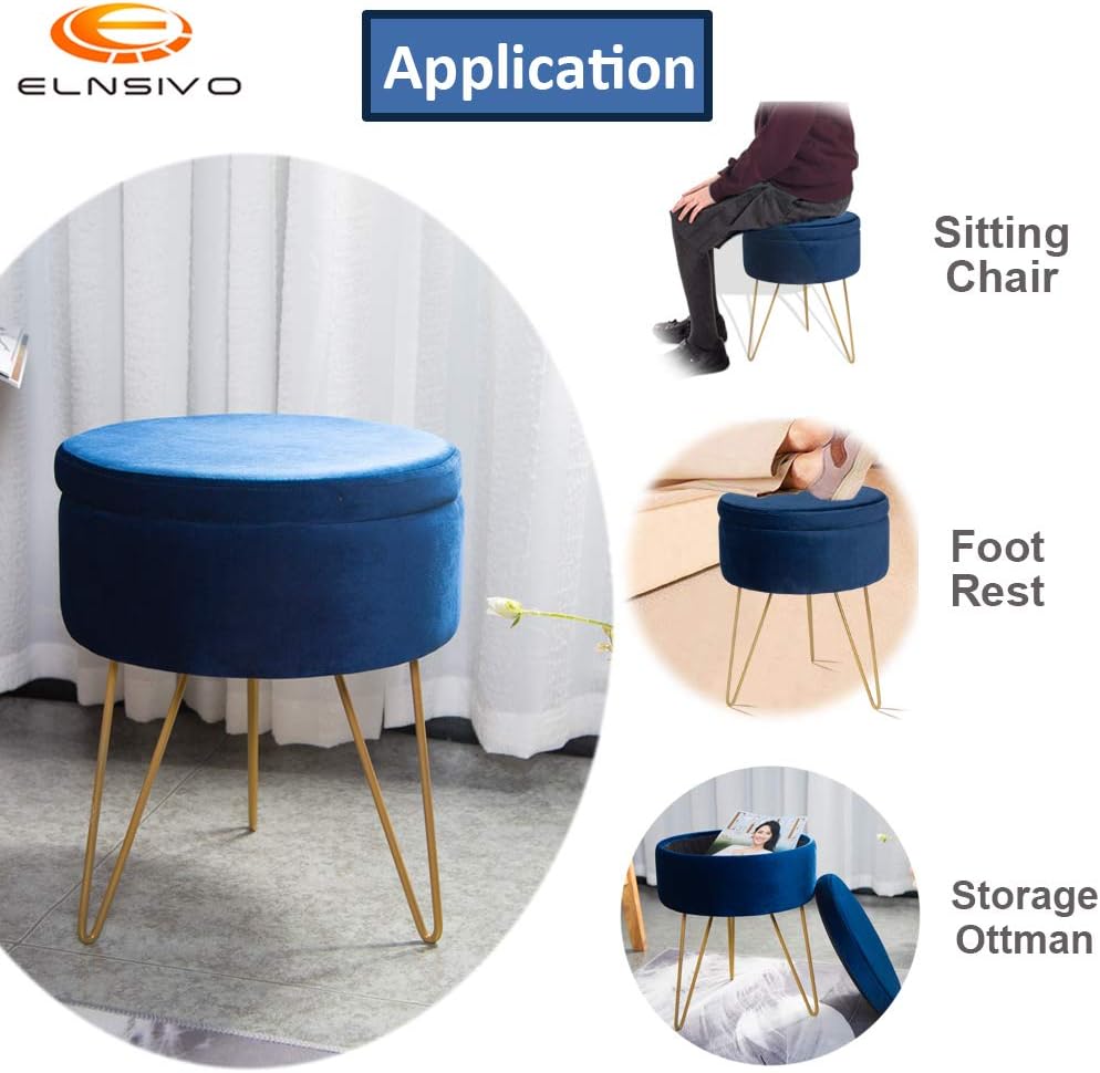 Up To 40% OFF Velvet Storage Footrest Stool Dressing Upholstered Vanity Chair Round Ottoman with Golden Metal Legs for Home Living Room Bedroom, Blue
