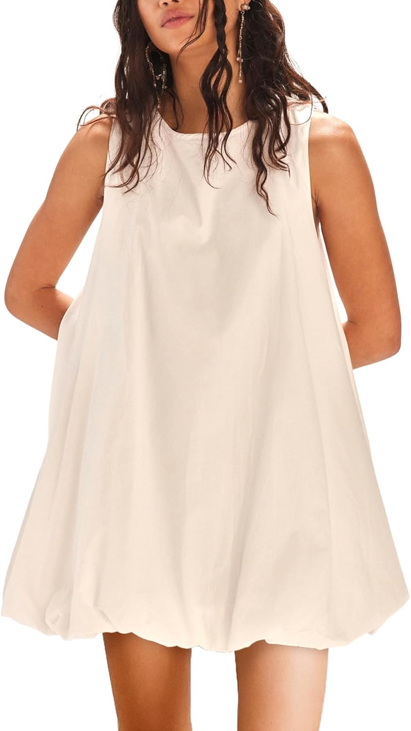 SuperPrity Womens Summer Dress Sleeveless Crew Neck Mini Dresses Bubble Casual Keyhole Tie Back Beach Vacation Sundress