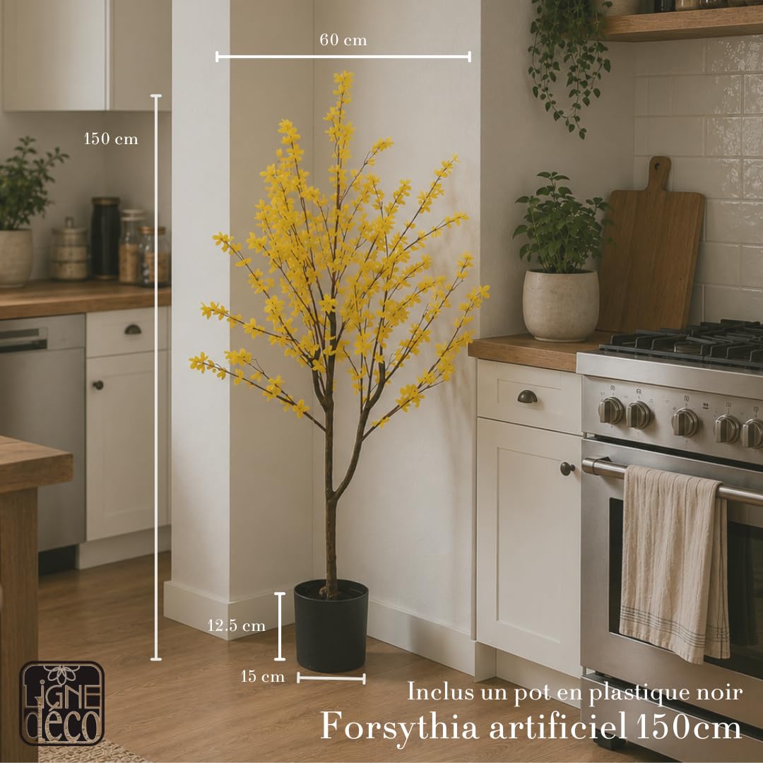 Ligne Déco – Forsythia Artificiel 150cm | Plante Artificielle Pot Plastique Noir Intérieur Imitation Terre