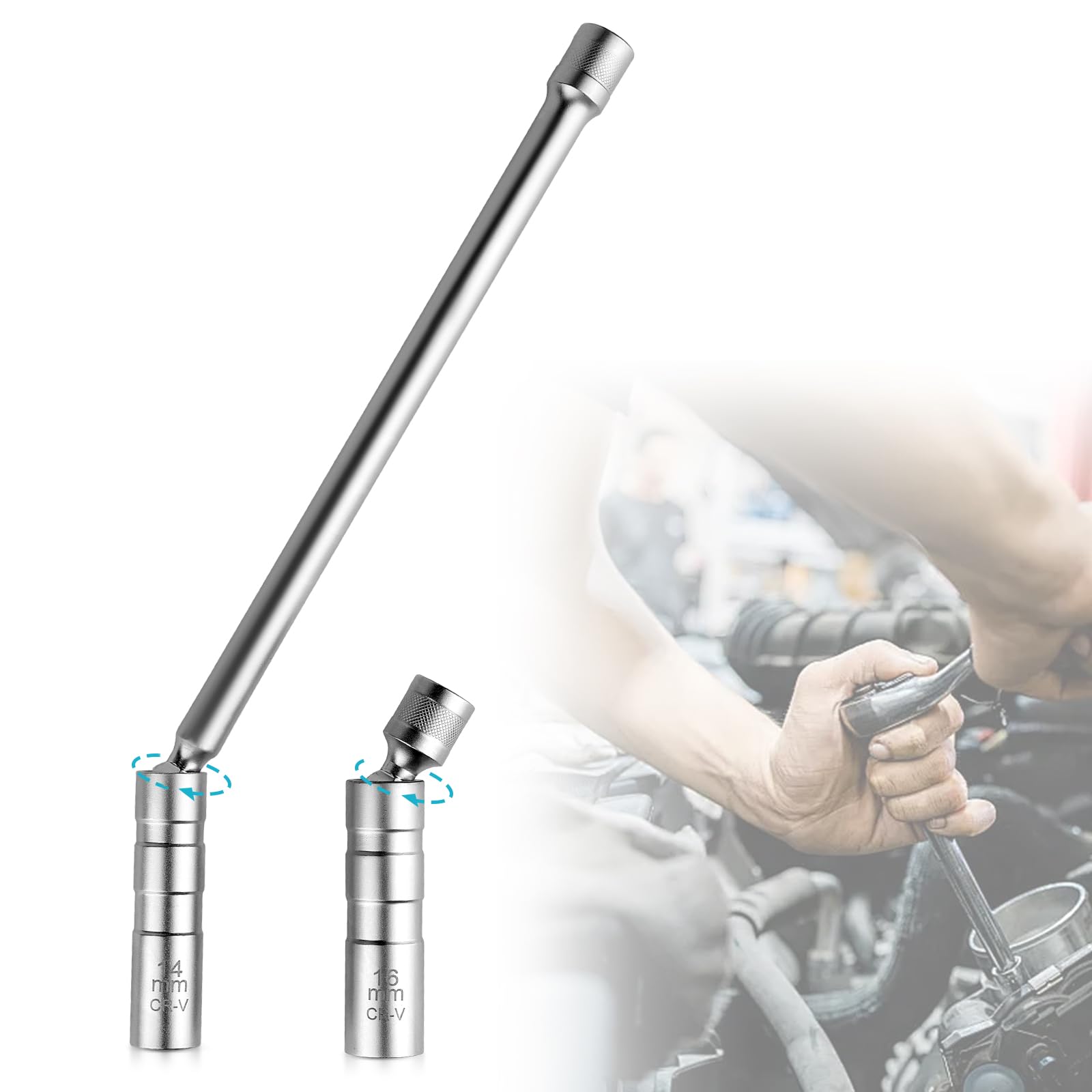 2 Stück Zündkerzenschlüssel 16mm und 14mm, Magnet Universal Flexibel zündkerzenschlüssel Satz mit Langer Griff