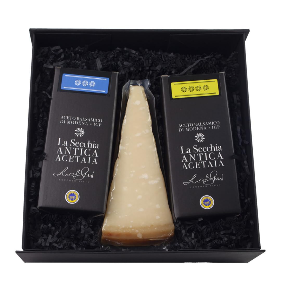 La Secchia – Handgemachter Feinschmecker-Korb, Balsamico-Essig aus Modena g.g.A., Parmigiano Reggiano, Gourmet-Set mit typischen italienischen Spezialitäten, Tasche als Geschenk, 100 % Made in Italy